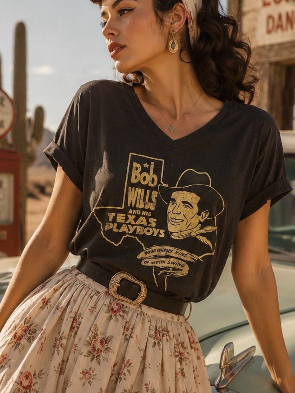 Retro Western Swing Cowgirl V-neck T-shirt